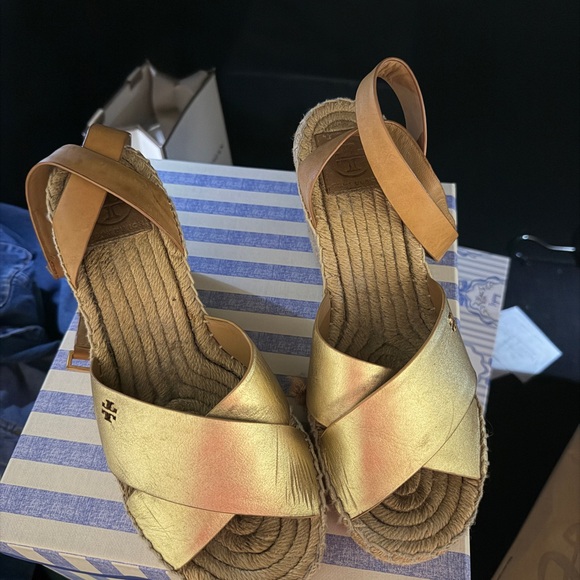 Tory Burch Gold and Tan Wedge Espadrille Sandals - Picture 2 of 9